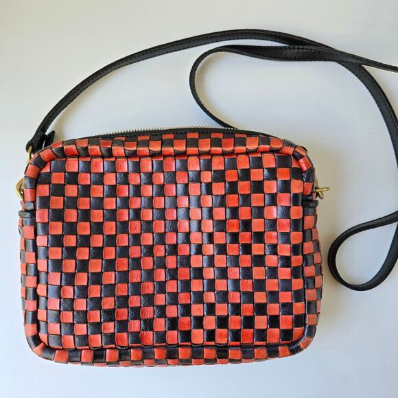 Clare Vivier V Midi Sac Red Black Checker Woven Leather Crossbody Purse EUC Rare - Picture 13 of 16